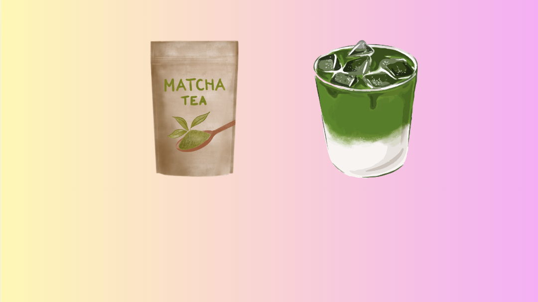 A bag of matcha powder and a glass of ice-cold matcha are shown side-by-side. My favorite cafes that sell the best matcha drinks in L.A. are Cha Cha Matcha, La La Land Kind Cafe, Clark Street and Alfred Coffee. Graphic Illustration by Uma Nambiar.